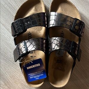 Birkenstock Croc-Embossed Metallic Sandals